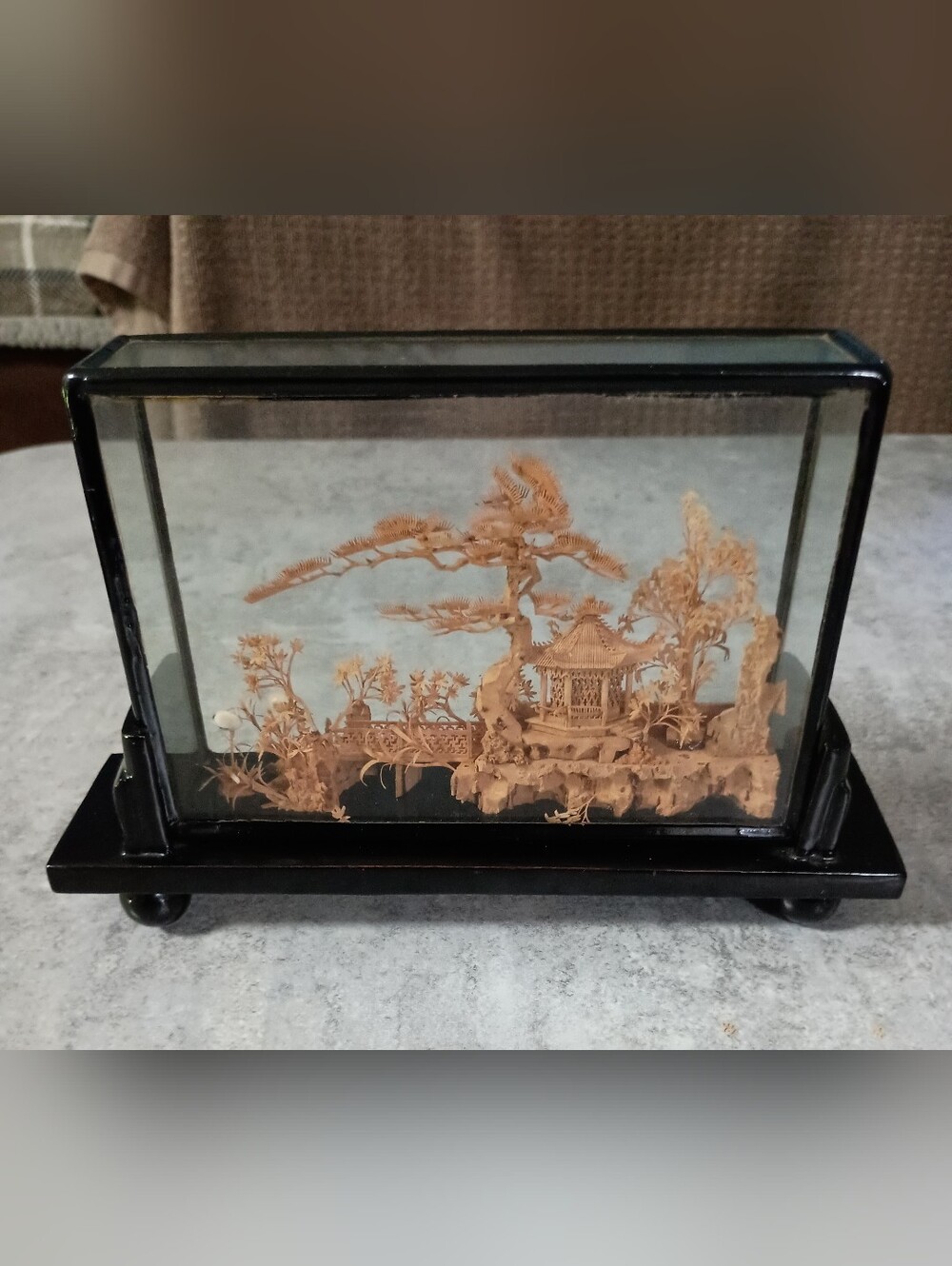 Handcrafted Wood Carving in Glass Display - Black Frame